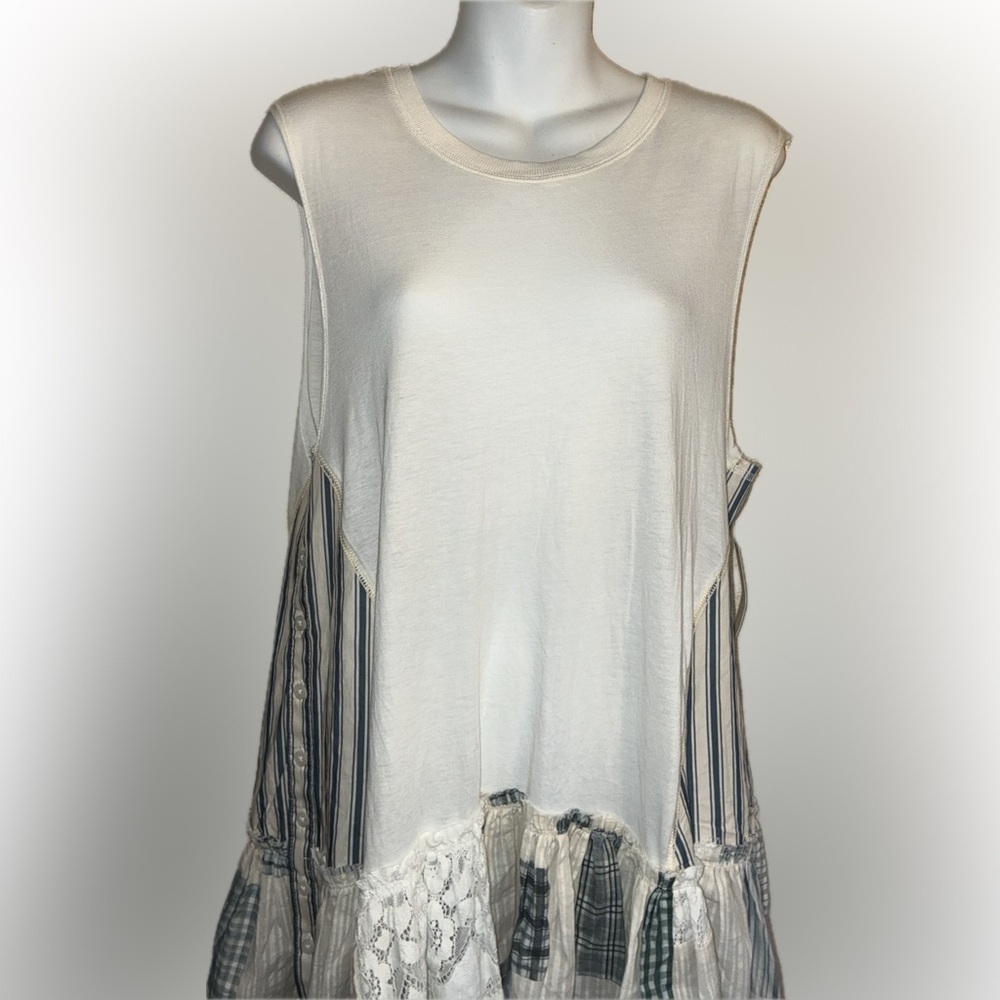 ANTHROPOLOGIE PILCRO Sleeveless White Tee, Ruffle Blue Stripes & Lace XS NWT - Picture 3 of 17
